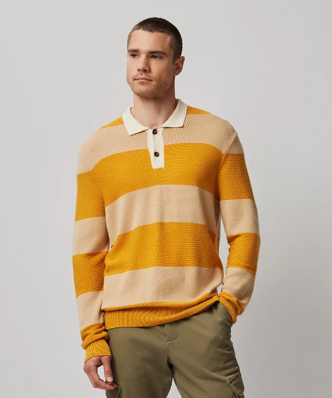 Merino Wool and Cotton Blend Long Sleeve Polo Sweater - Camel Combo