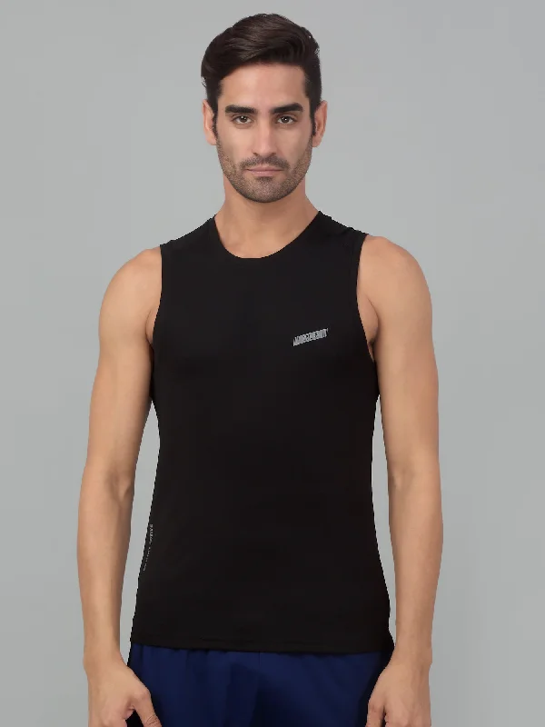 Cantabil Men's Black Solid Sleeveless Activewear T-shirt