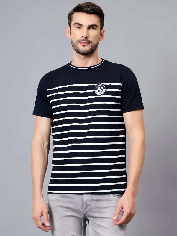 Cantabil Men's Navy Blue Striped Round Neck Half Sleeve T-shirt