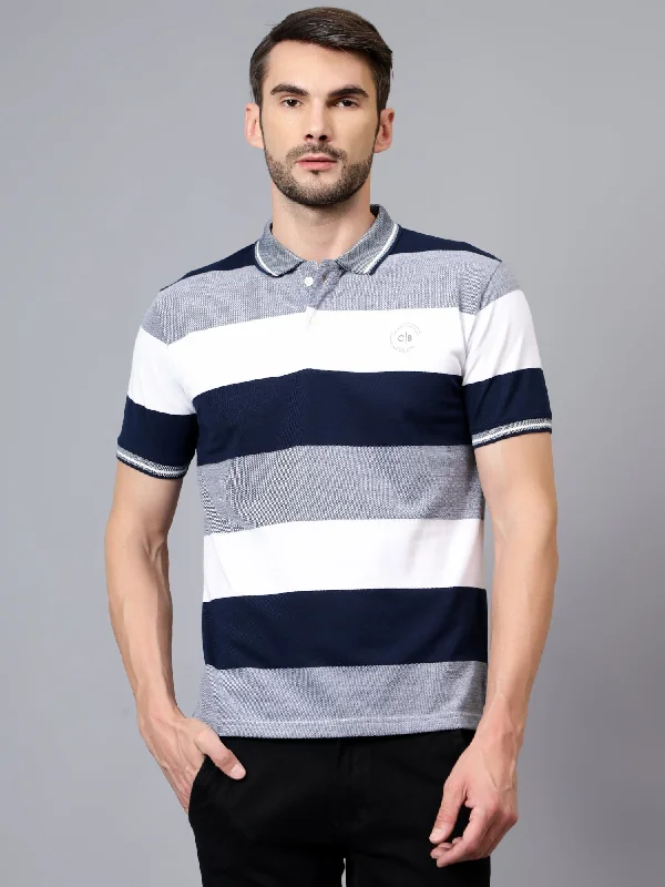 Cantabil Men's White Striped Polo Neck Half Sleeve T-shirt