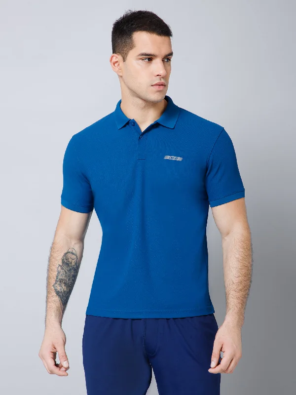 Cantabil Regular Fit Solid Polo Neck Half Sleeve Blue Active Wear T-Shirt for Men