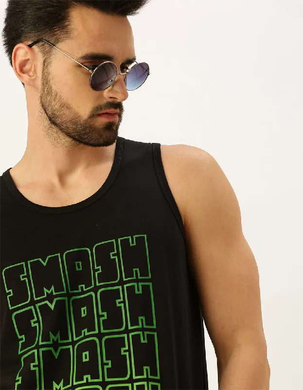 Smash Black Regular Fit Front Typography Printed Vest