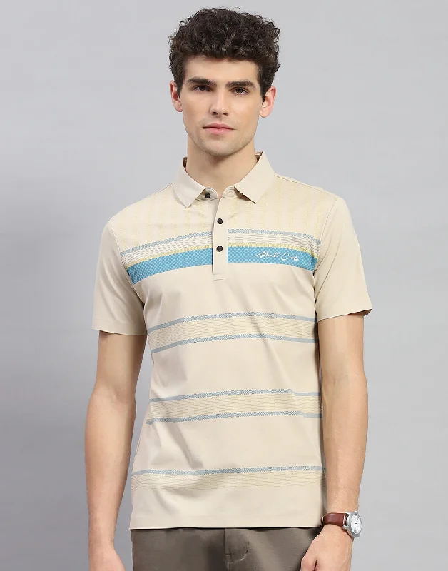 Men Beige Stripe Polo Collar Half Sleeve T-Shirt