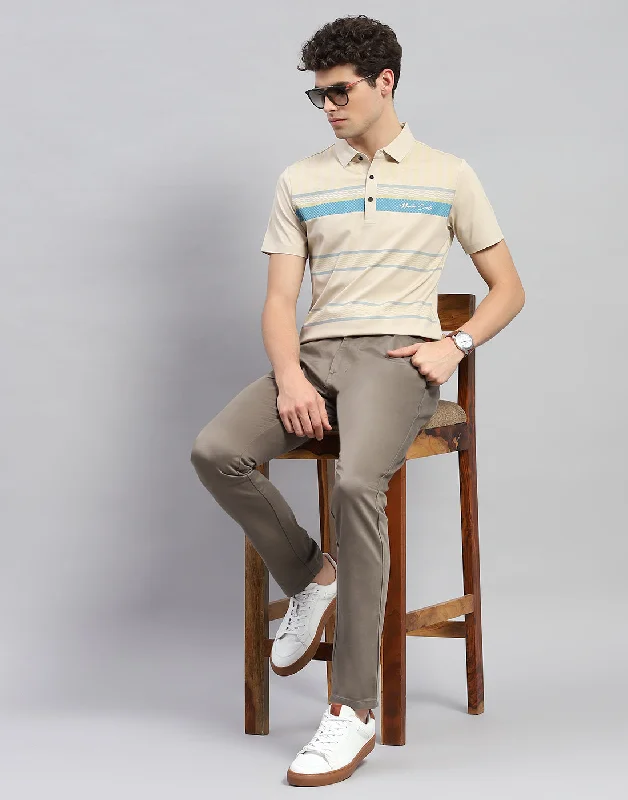 Men Beige Stripe Polo Collar Half Sleeve T-Shirt