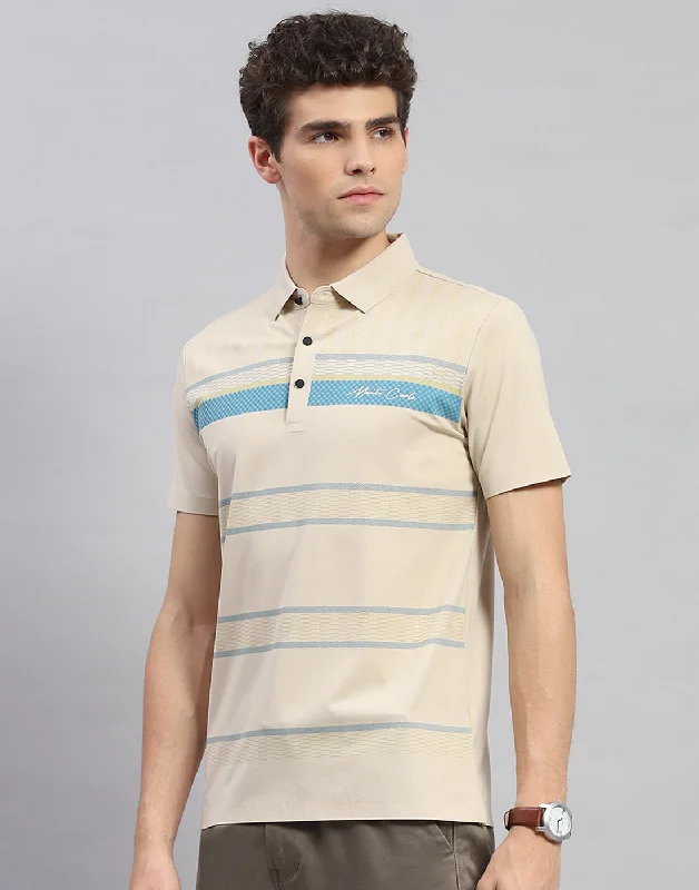 Men Beige Stripe Polo Collar Half Sleeve T-Shirt