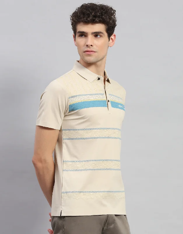 Men Beige Stripe Polo Collar Half Sleeve T-Shirt