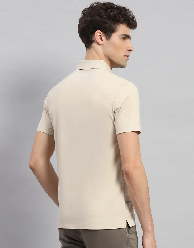 Men Beige Stripe Polo Collar Half Sleeve T-Shirt