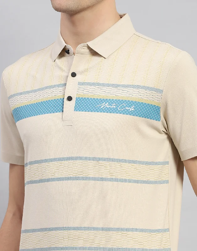 Men Beige Stripe Polo Collar Half Sleeve T-Shirt