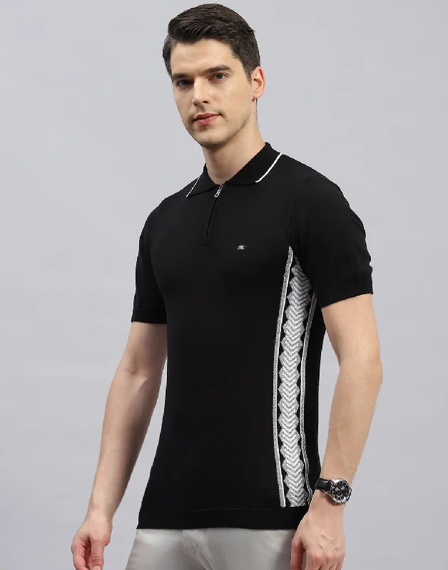 Men Black Printed Polo Collar Half Sleeve T-Shirt