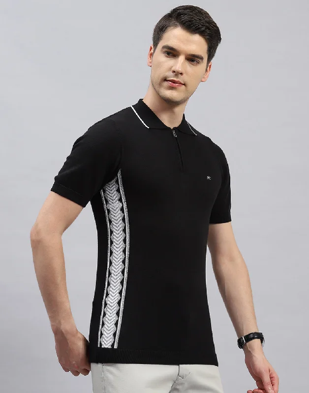 Men Black Printed Polo Collar Half Sleeve T-Shirt