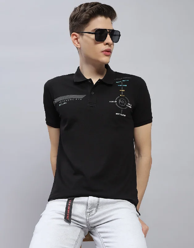 Men Black Printed Polo Collar Half Sleeve T-Shirt