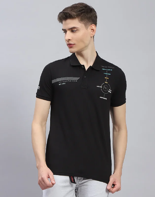 Men Black Printed Polo Collar Half Sleeve T-Shirt