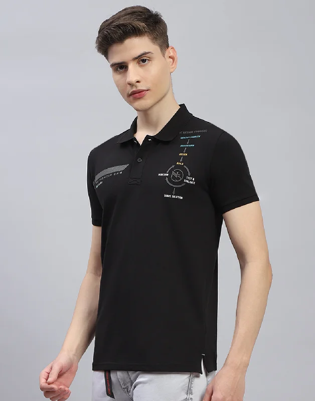 Men Black Printed Polo Collar Half Sleeve T-Shirt