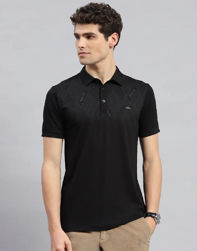 Men Black Printed Polo Collar Half Sleeve T-Shirt