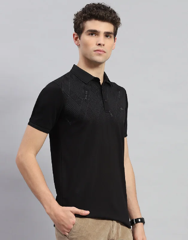 Men Black Printed Polo Collar Half Sleeve T-Shirt