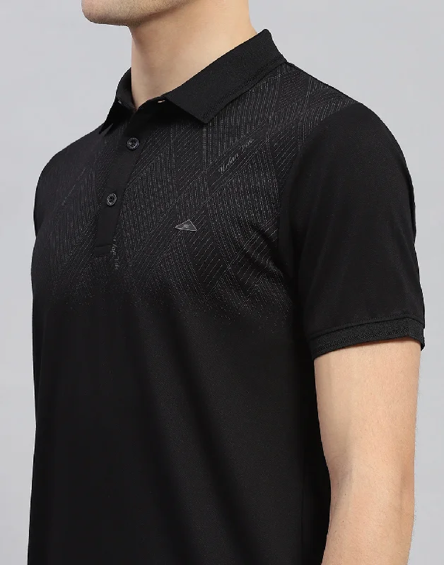 Men Black Printed Polo Collar Half Sleeve T-Shirt