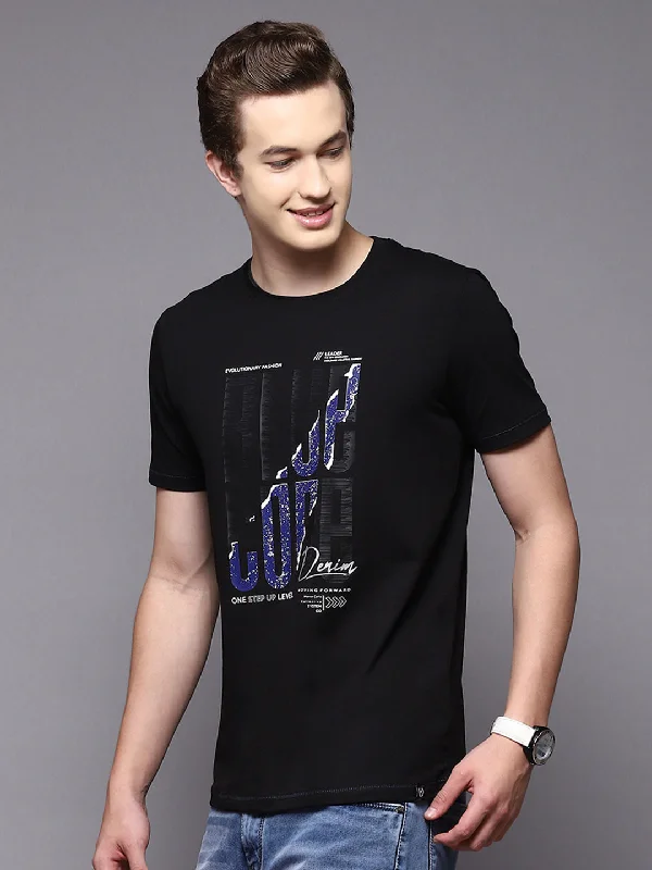 Men Black Printed Round Neck Half Sleeve T-Shirts