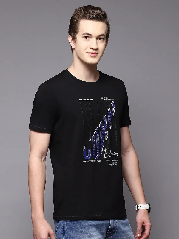 Men Black Printed Round Neck Half Sleeve T-Shirts