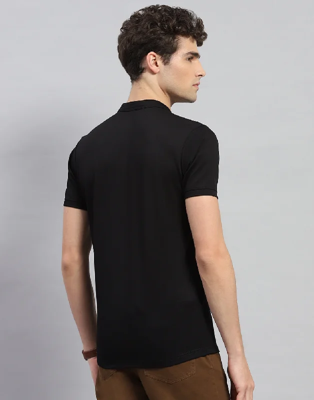 Men Black Solid  Mandarin Neck Half Sleeve T-Shirt