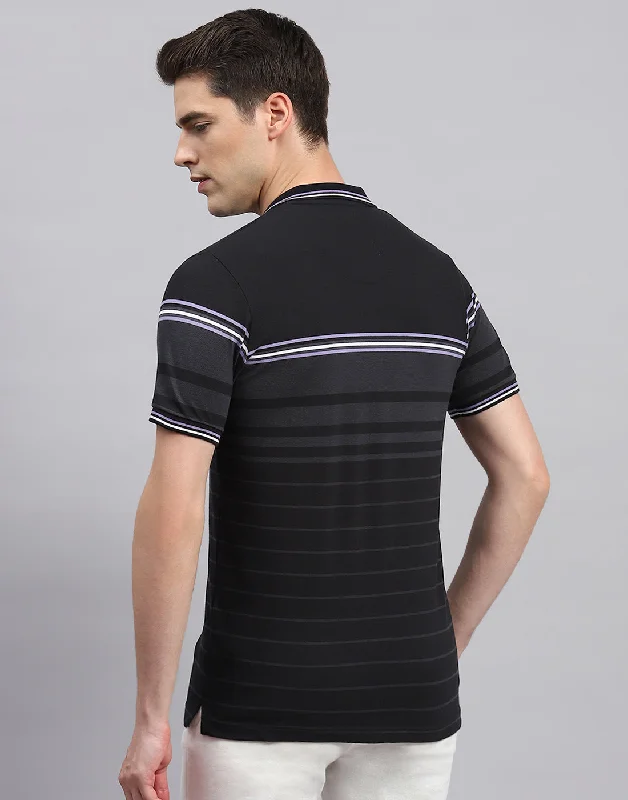 Men Black Stripe Collar Neck Half Sleeve T-Shirt