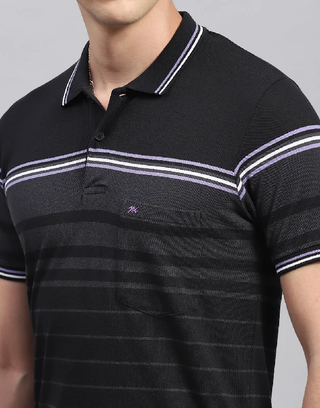 Men Black Stripe Collar Neck Half Sleeve T-Shirt