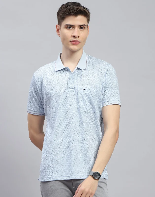 Men Blue Printed Polo Collar Half Sleeve T-Shirt