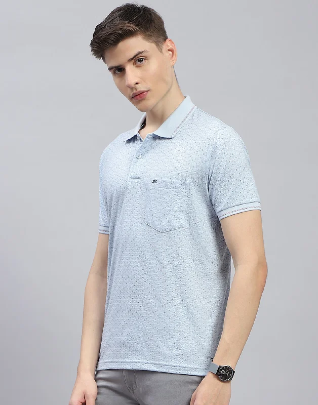 Men Blue Printed Polo Collar Half Sleeve T-Shirt