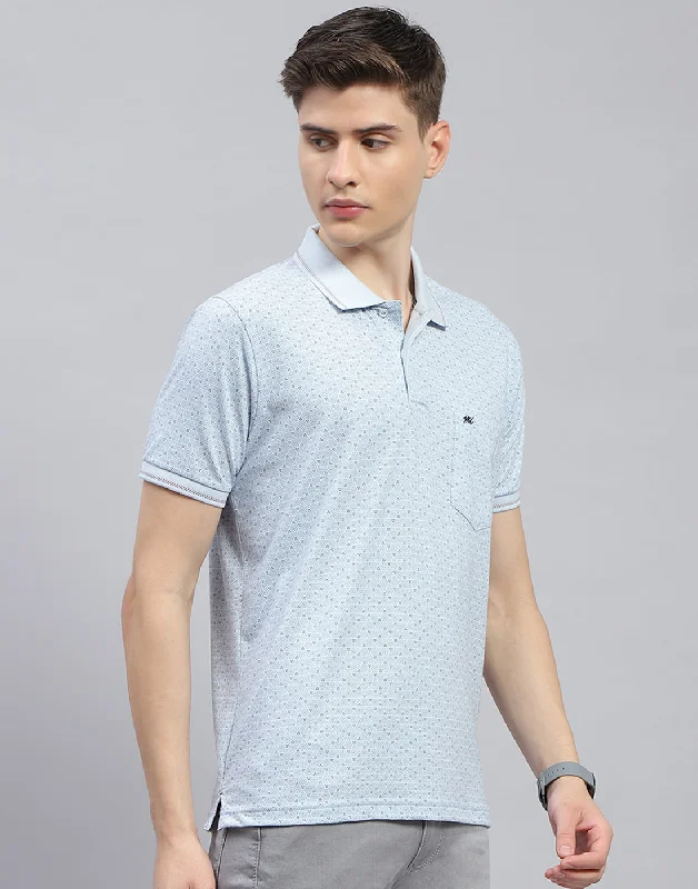 Men Blue Printed Polo Collar Half Sleeve T-Shirt