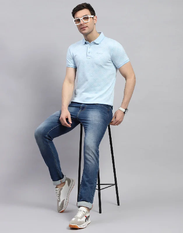 Men Blue Printed Polo Collar Half Sleeve T-Shirt