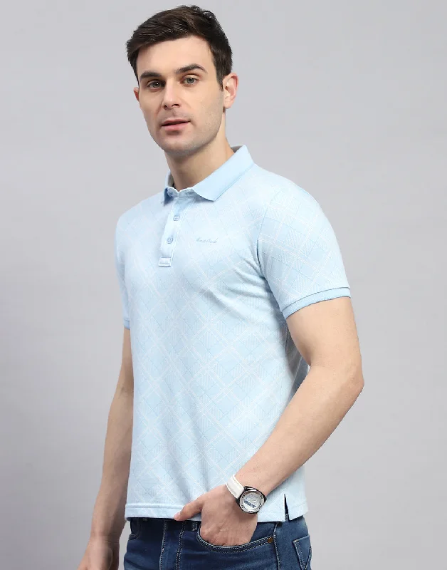 Men Blue Printed Polo Collar Half Sleeve T-Shirt