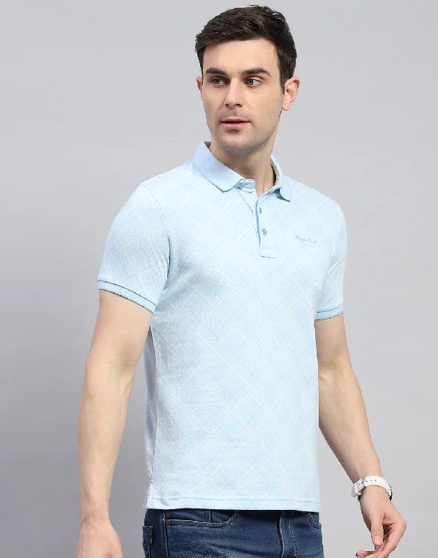 Men Blue Printed Polo Collar Half Sleeve T-Shirt