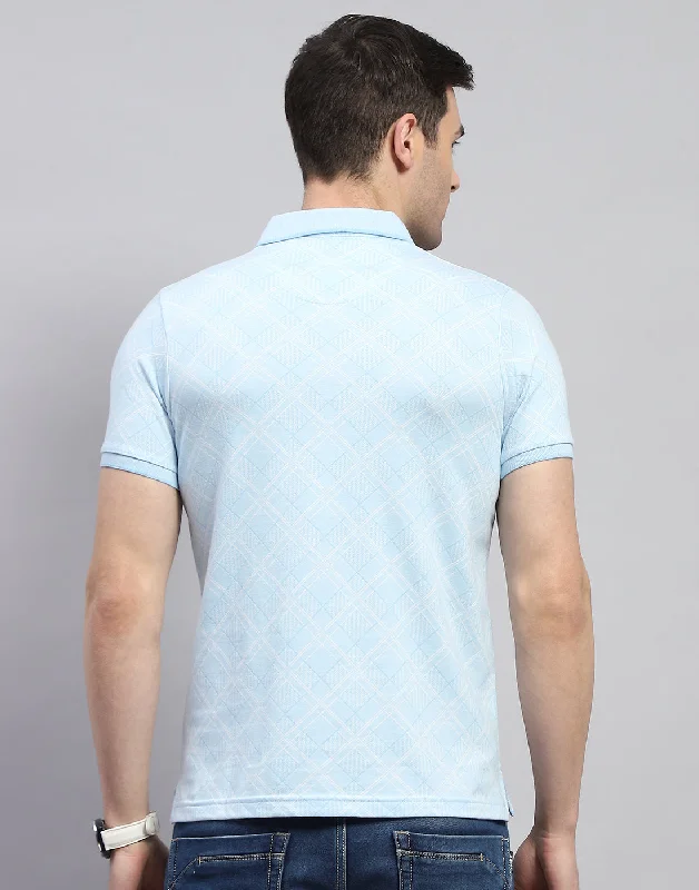 Men Blue Printed Polo Collar Half Sleeve T-Shirt