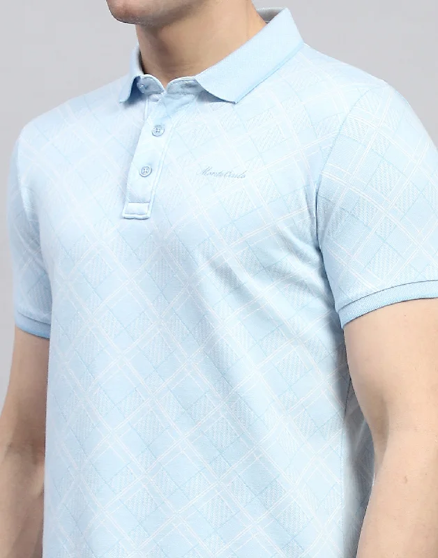 Men Blue Printed Polo Collar Half Sleeve T-Shirt