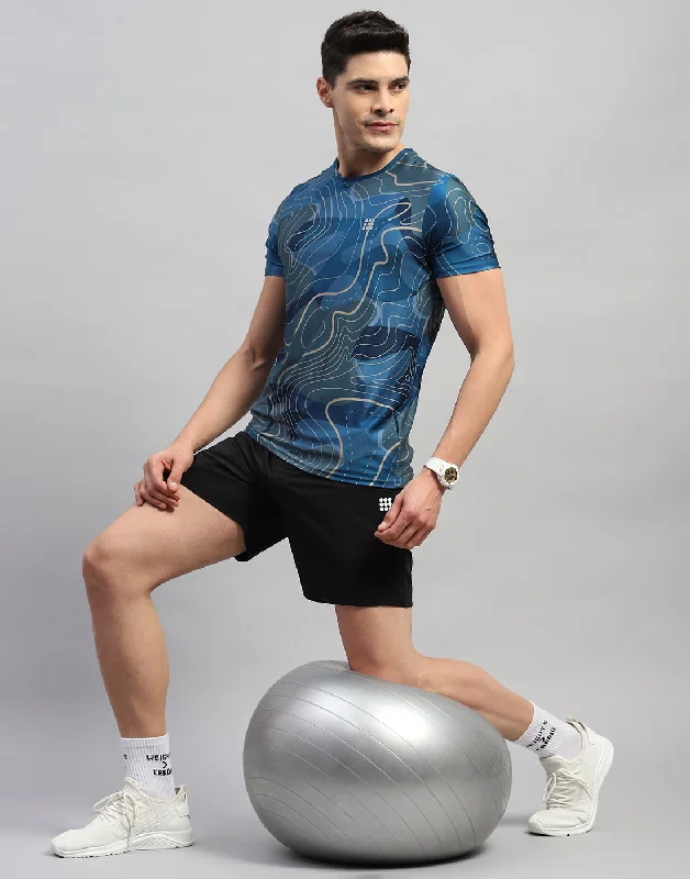 Men Blue Printed Round Neck Half Sleeve T-Shirt