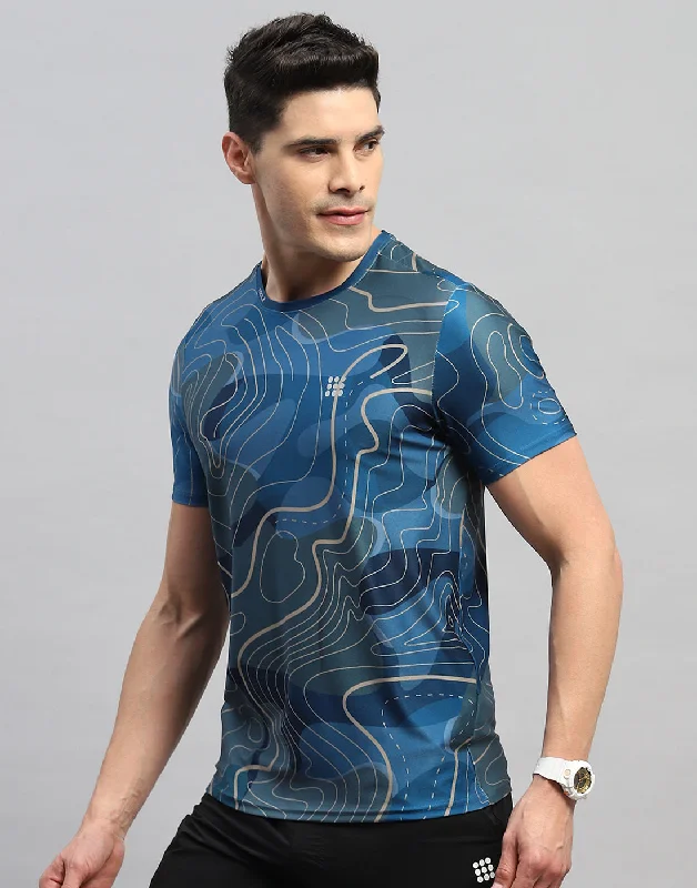 Men Blue Printed Round Neck Half Sleeve T-Shirt