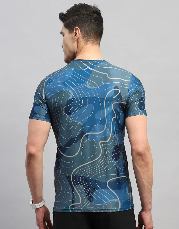 Men Blue Printed Round Neck Half Sleeve T-Shirt