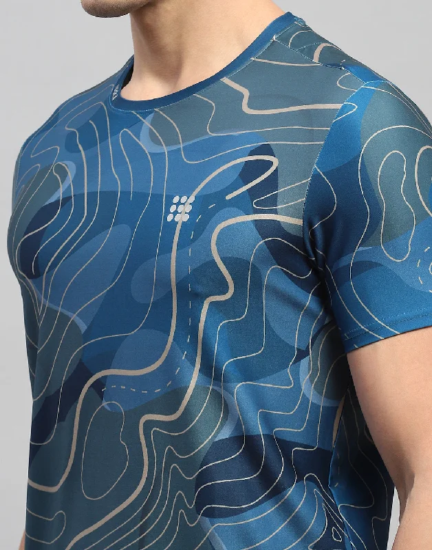 Men Blue Printed Round Neck Half Sleeve T-Shirt