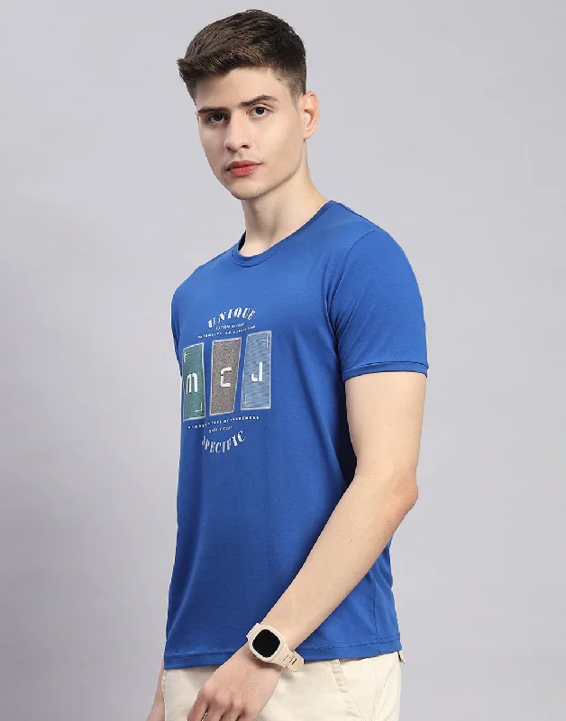 Men Blue Printed Round Neck Half Sleeve T-Shirt