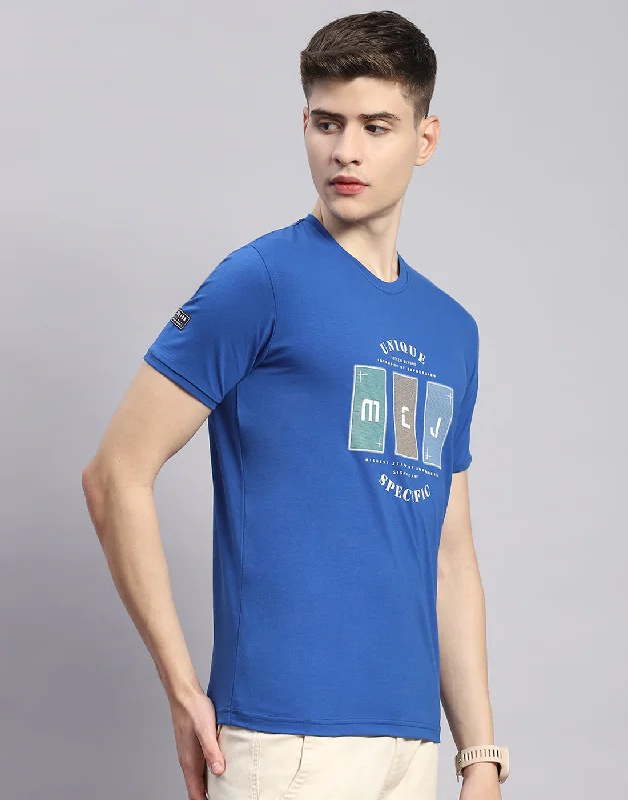 Men Blue Printed Round Neck Half Sleeve T-Shirt