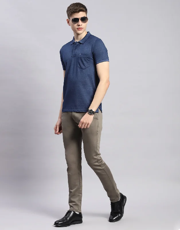 Men Blue Solid Polo Collar Half Sleeve T-Shirt