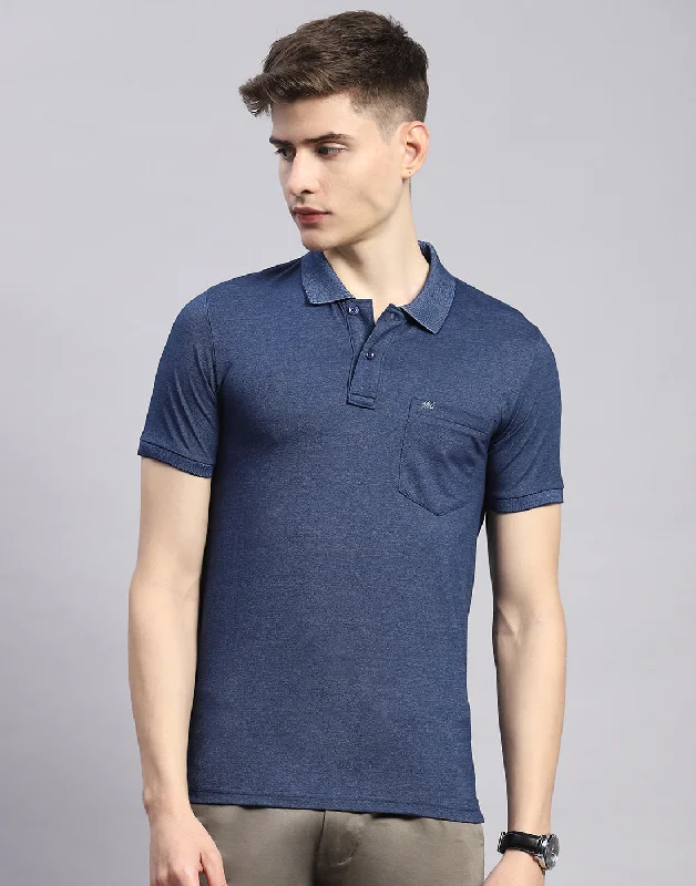 Men Blue Solid Polo Collar Half Sleeve T-Shirt