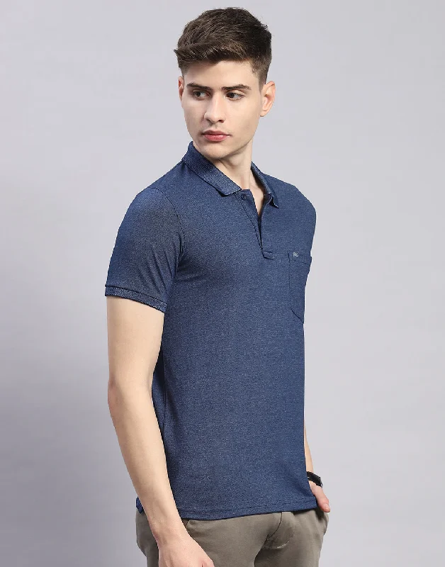 Men Blue Solid Polo Collar Half Sleeve T-Shirt