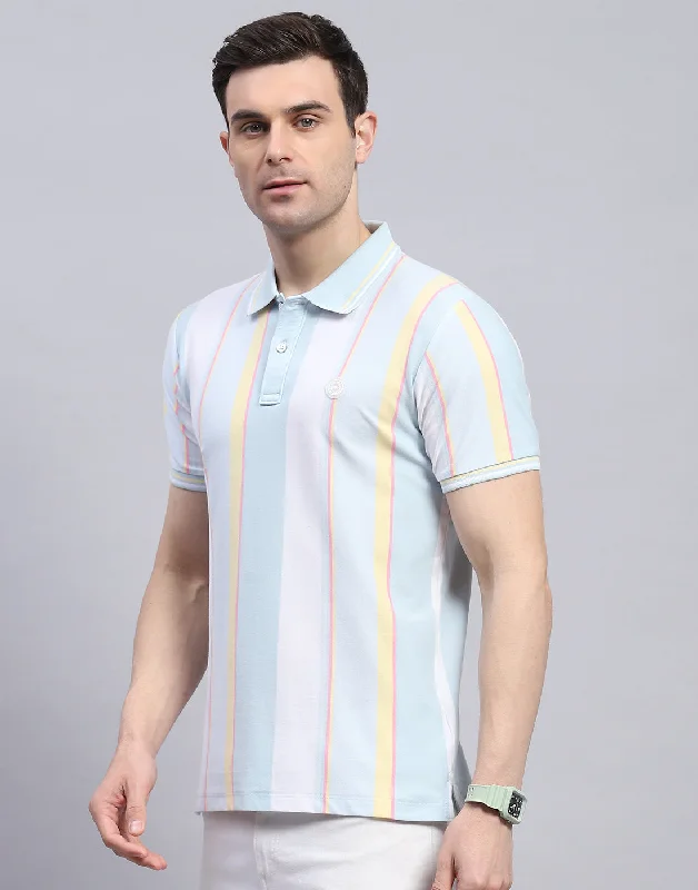 Men Blue Stripe Polo Collar Half Sleeve T-Shirt