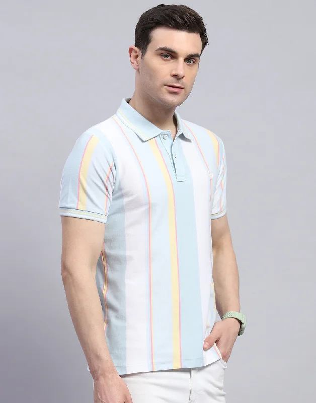 Men Blue Stripe Polo Collar Half Sleeve T-Shirt