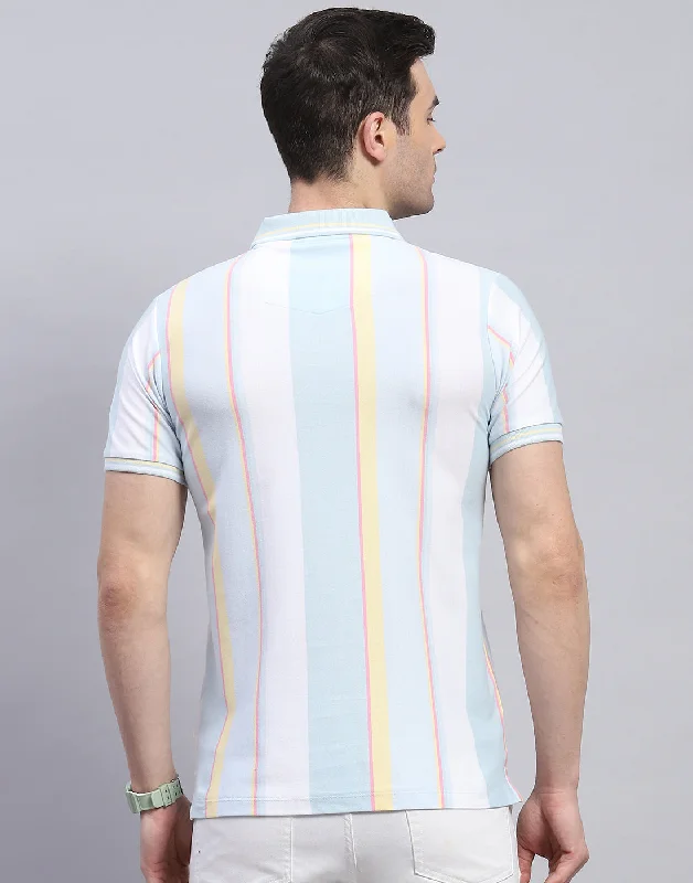 Men Blue Stripe Polo Collar Half Sleeve T-Shirt