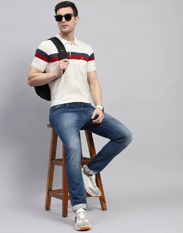 Men Cream Stripe Polo Collar Half Sleeve T-Shirt