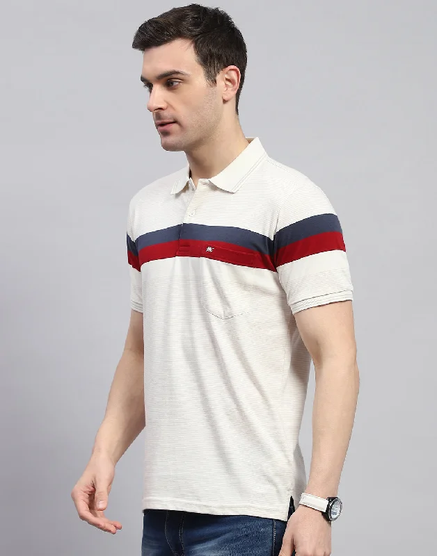 Men Cream Stripe Polo Collar Half Sleeve T-Shirt