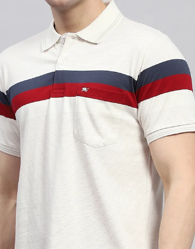 Men Cream Stripe Polo Collar Half Sleeve T-Shirt