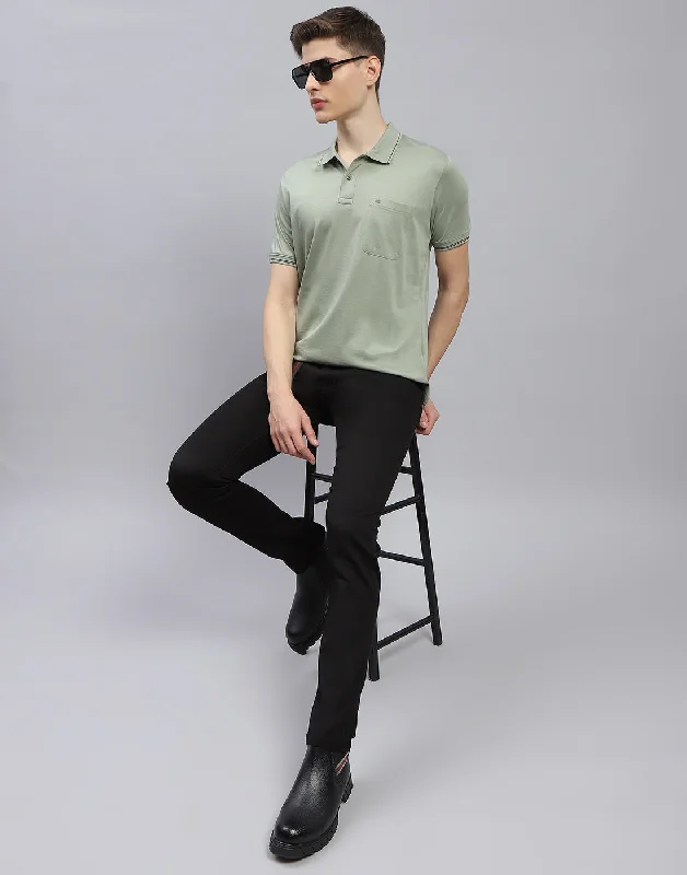 Men Green Solid Polo Collar Half Sleeve T-Shirt