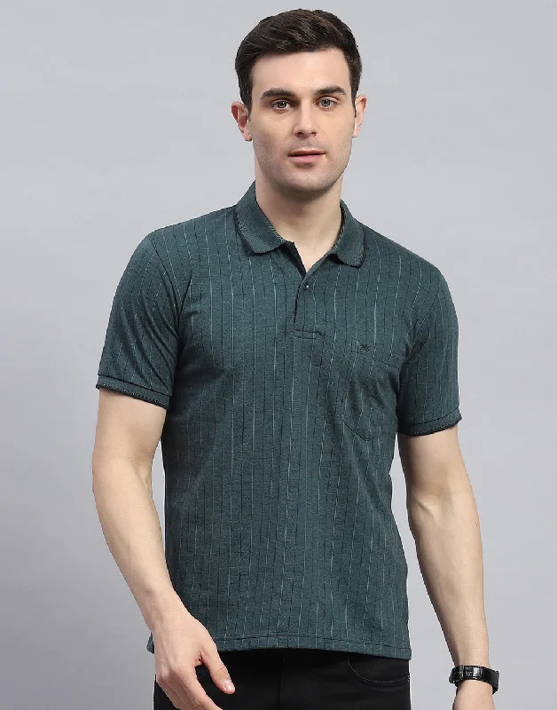 Men Green Stripe Polo Collar Half Sleeve T-Shirt